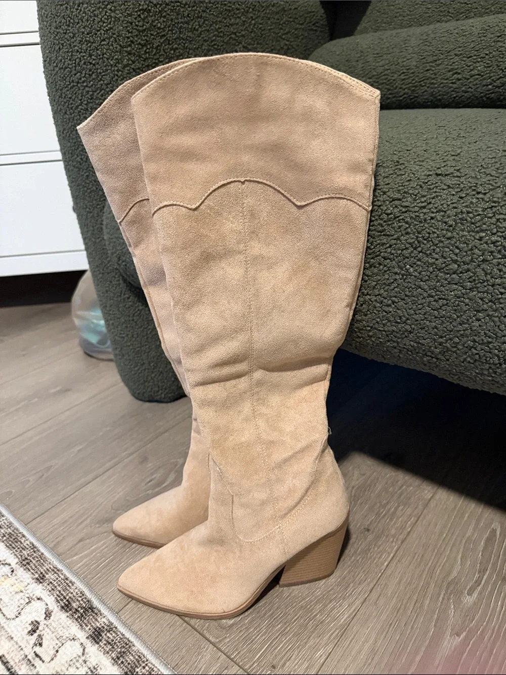 Over-the-Knee Suede Block Heel Boots - Light Beige